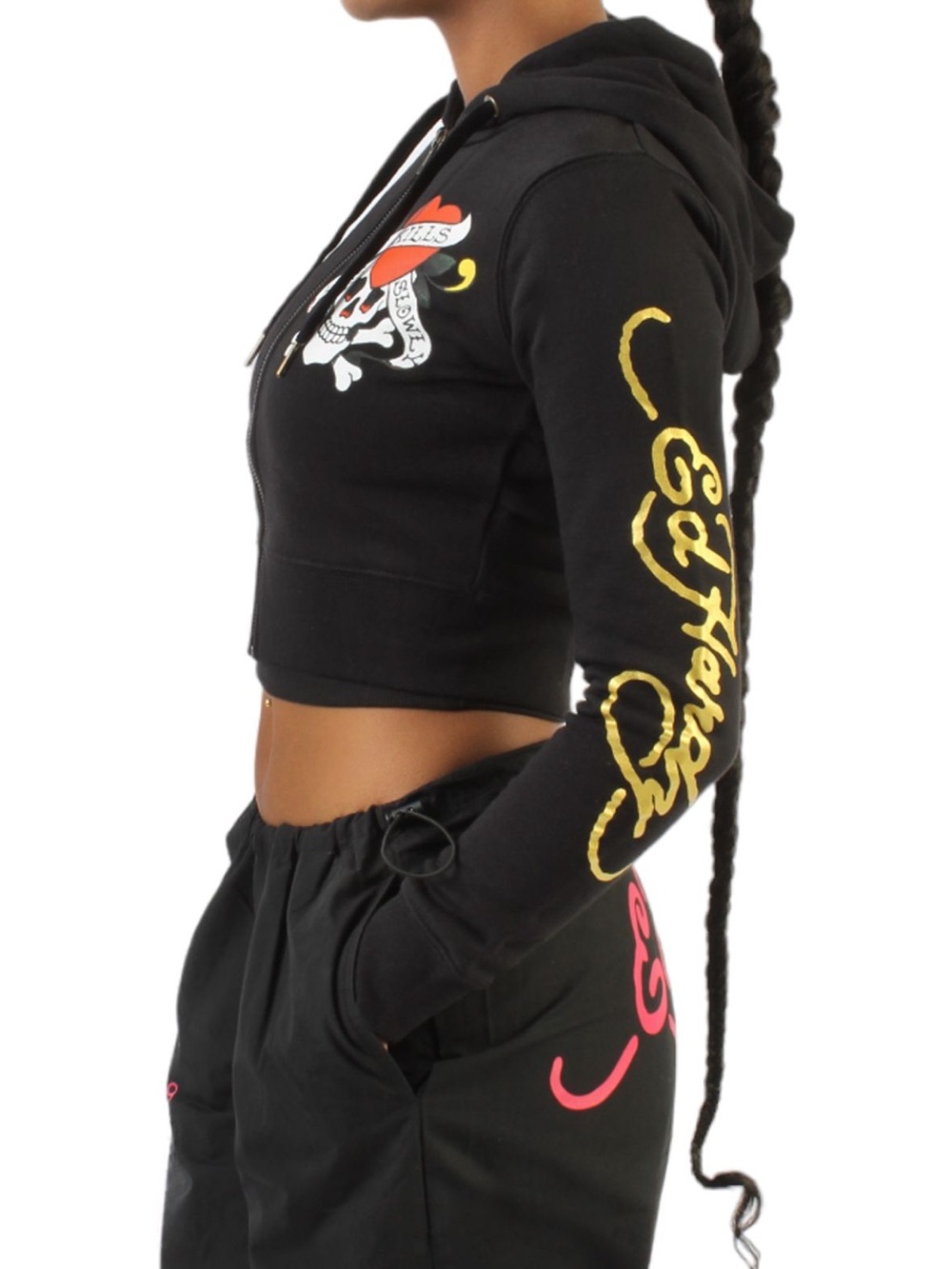 Ed Hardy Black Cropped Zip Hoodie with Colorful Tattoo Graphics - Picture 2 of 11